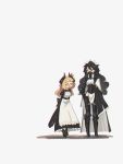  :d ^_^ absurdres armor bangs black_armor black_eyes black_hair blonde_hair blunt_bangs borrowed_character cape closed_eyes commentary covered_mouth flareze_(porforever) glasses height_difference highres horns long_hair maid maid_headdress open_mouth porforever simple_background smile symbol_commentary white_background 