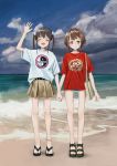  2girls absurdres anklet bad_id bad_twitter_id beach belt child closed_eyes full_body highres holding_hands jewelry long_hair looking_at_viewer miniskirt multiple_girls nadegata open_mouth original pleated_skirt print_shirt red_shirt sandals shirt short_hair skirt swimsuit swimsuit_under_clothes t-shirt tote_bag twintails watch waving white_shirt 