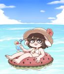  1girl :3 :d afloat animal_ears barefoot bikini blue_sky brown_hair carrot_necklace clouds crazy_straw cup day drinking_glass drinking_straw facing_viewer flat_chest flower hat hat_flower inaba_tewi innertube lying ocean on_back open_mouth pink_flower poronegi rabbit_ears short_hair sky smile solo straw_hat sunglasses swimsuit touhou white_bikini 