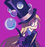  1boy avery_(pokemon) black_headwear black_neckwear blonde_hair cravat dynamax_band floating floating_object glasses gloves hat highres l0belly long_hair male_focus open_mouth poke_ball poke_ball_(basic) pokemon pokemon_(game) pokemon_swsh purple_background round_eyewear smile solo teeth telekinesis tongue top_hat 