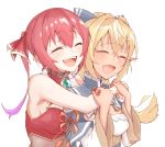  2girls armpits bare_shoulders blonde_hair blush cleavage_cutout closed_eyes clothing_cutout dark_elf dark_skin elf eyebrows_visible_through_hair hololive houshou_marine hug multiple_girls no_eyepatch no_hat no_headwear open_mouth pointy_ears shiranui_flare uchukurage_san virtual_youtuber white_background 