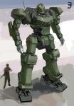  1boy absurdres gun helmet highres holding holding_gun holding_weapon looking_down looking_to_the_side mecha mechium military open_hands original science_fiction size_difference soldier standing weapon 