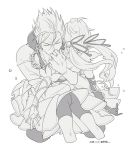  1boy 1girl ass bike_shorts chain chimaki_(impressiveanarchy) commentary_request earrings gian_(saga) greyscale hug jewelry long_hair monochrome myriam_(saga) romancing_saga romancing_saga_minstrel_song saga simple_background white_background 