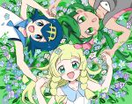  3girls :d anzu_(01010611) bangs bare_arms blonde_hair blue_eyes blue_hair blush braid collarbone commentary_request flower green_eyes green_hair hair_flower hair_ornament hairband highres holding_hands lana_(pokemon) lillie_(pokemon) long_hair looking_at_viewer lying mallow_(pokemon) multiple_girls no_sclera on_back open_mouth pink_flower pokemon pokemon_(game) pokemon_sm sailor_collar short_hair smile swept_bangs tongue twin_braids twintails 