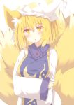 1girl :o animal_ear_fluff animal_ears arm_grab bangs blonde_hair blush breasts commentary_request daidai_ookami dress eyebrows_visible_through_hair fox_ears fox_girl fox_tail hair_between_eyes hat highres kitsune large_breasts long_sleeves looking_at_viewer orange_eyes parted_lips pillow_hat simple_background sleeves_past_wrists solo tabard tail touhou upper_body white_background white_dress white_headwear wide_sleeves yakumo_ran 