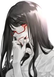  1girl :q bad_id bad_twitter_id black_hair blood blood_on_face blush breasts copyright_request dress eyebrows_visible_through_hair glasses hand_up large_breasts long_hair looking_at_viewer neko_(ganecooo) red-framed_eyewear red_eyes semi-rimless_eyewear shiny shiny_hair simple_background smile solo tongue tongue_out under-rim_eyewear upper_body white_background white_dress white_skin 