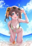  1girl :3 absurdres adjusting_eyewear ahoge all_fours bikini blue_eyes bracelet breasts brown_hair cat_earrings clouds day ebi_frion_(natsuiro_matsuri) eyewear_on_head fisheye flower front-tie_bikini front-tie_top hair_between_eyes hair_flower hair_ornament hair_ribbon halterneck highres hololive jewelry lemon_print long_hair looking_at_viewer na-code_(gurich) natsuiro_matsuri navel ocean open_mouth orange-framed_eyewear orange_ribbon outdoors ribbon side-tie_bikini sidelocks sky small_breasts smile solo sunflower sunglasses swimsuit twintails virtual_youtuber wet white_bikini wrist_ribbon 