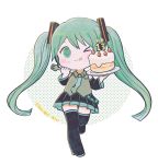  &gt;_o :3 :q ayu_(mog) black_legwear black_skirt blue_neckwear blush_stickers chibi detached_sleeves dot_nose food food_on_face fork green_eyes green_hair hatsune_miku holding holding_fork long_hair long_sleeves looking_at_viewer necktie one_eye_closed pleated_skirt skirt smile thigh-highs tongue tongue_out twintails very_long_hair vest vocaloid 
