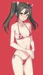  1girl alternate_costume bare_arms bare_legs bare_shoulders bikini blush breasts brown_eyes collarbone dark_green_hair eyebrows_visible_through_hair gloves hair_ribbon halterneck hands_together highres kantai_collection kumadano long_hair looking_at_viewer nose_blush open_mouth own_hands_together red_background red_bikini ribbon side-tie_bikini simple_background small_breasts solo string_bikini sweat swimsuit twintails v_arms white_ribbon zuikaku_(kantai_collection) 