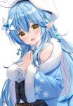  1girl :d ahoge anz32 bangs bare_shoulders beret blue_flower blue_hair blue_jacket braid breasts brown_eyes center_frills commentary_request eyebrows_visible_through_hair flower frills fur-trimmed_jacket fur-trimmed_sleeves fur_trim hair_between_eyes hair_flower hair_ornament hand_up hat head_tilt heart_ahoge hololive jacket long_hair long_sleeves looking_at_viewer medium_breasts open_clothes open_jacket open_mouth pointy_ears shirt simple_background smile snowflake_print solo twitter_username underbust very_long_hair virtual_youtuber white_background white_flower white_headwear white_shirt wide_sleeves yukihana_lamy 