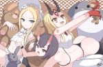  3girls abigail_williams_(fate/grand_order) abigail_williams_(swimsuit_foreigner)_(fate) absurdres ass back bangs bare_shoulders bikini blonde_hair blue_eyes blush bob_cut bonnet bow breasts eyeliner facial_mark fate/grand_order fate_(series) forehead forehead_mark hair_bow hair_pulled_back highres horns ibaraki_douji_(fate/grand_order) ichikawayan long_hair looking_at_viewer lying makeup miniskirt multiple_girls navel on_stomach oni oni_horns open_mouth parted_bangs pointy_ears purple_hair short_hair shuten_douji_(fate/grand_order) sidelocks skin-covered_horns skirt small_breasts smile stuffed_toy swimsuit tattoo very_long_hair violet_eyes white_bikini white_bow white_headwear yellow_eyes 