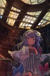  1girl absurdres bangs blue_bow book bow crescent crescent_hair_ornament dress hair_ornament hat highres holding holding_book indoors kaamin_(mariarose753) long_hair long_sleeves mob_cap open_mouth patchouli_knowledge purple_hair red_bow solo striped striped_dress touhou violet_eyes 