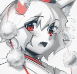  1girl animal_ears blush boa_(brianoa) fang flying_sweatdrops hat highres inubashiri_momiji leaf limited_palette looking_at_viewer maple_leaf monochrome open_mouth pom_pom_(clothes) portrait red_eyes red_theme simple_background solo spot_color tokin_hat touhou white_background wolf_ears 