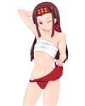  1girl arm_behind_head arm_up brown_eyes brown_hair closed_mouth cowboy_shot fundoshi fundoshi_lift girls_und_panzer headband japanese_clothes light_frown long_hair looking_at_viewer navel one_eye_closed red_fundoshi red_headband saemonza_(girls_und_panzer) sarashi simple_background solo standing stomach tanaka_rikimaru white_background 