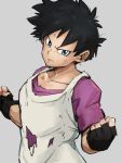 1girl black_gloves black_hair blue_eyes clenched_hands closed_mouth dragon_ball dragon_ball_z fingerless_gloves gloves grey_background kemachiku looking_at_viewer short_hair simple_background solo torn_clothes videl 