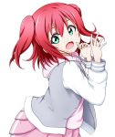  1girl bangs blush drawstring eyebrows_visible_through_hair green_eyes grey_jacket hair_between_eyes hands_up highres hood hood_down hoodie jacket kuena kurosawa_ruby long_sleeves looking_at_viewer love_live! love_live!_sunshine!! open_clothes open_jacket open_mouth pink_hoodie pink_skirt pleated_skirt redhead simple_background skirt solo two_side_up white_background 