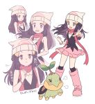  1girl :d beanie black_legwear boots bracelet clenched_hand closed_mouth commentary hikari_(pokemon) eyelashes floating_hair gen_4_pokemon hair_ornament hairclip hat highres jewelry komasawa_(fmn-ppp) long_hair multiple_views open_mouth over-kneehighs pink_footwear pink_scarf pointing pokemon pokemon_(creature) pokemon_(game) pokemon_dppt scarf smile thigh-highs translated turtwig v-shaped_eyebrows white_headwear 