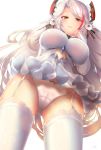  1girl azur_lane bangs blush breasts bridal_gauntlets bridal_veil brown_eyes commentary_request dress elbow_gloves eyebrows_visible_through_hair finger_to_mouth from_below garter_straps gloves has_(ranhasu) headgear highres huge_filesize large_breasts long_hair looking_at_viewer looking_down multicolored_hair panties parted_lips prinz_eugen_(azur_lane) prinz_eugen_(symphonic_fate)_(azur_lane) redhead silver_hair simple_background smile solo standing streaked_hair sweat swept_bangs thigh-highs thighs two_side_up underwear veil very_long_hair wedding_dress white_background white_dress white_gloves white_legwear white_panties 