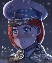  1girl absurdres alekseevskiy_regiment artist_name blue_eyes buttons chimney coat cockade epaulettes fluffkaiser freckles fur_collar hat highres house looking_to_the_side military military_hat night original outdoors peaked_cap portrait red_hair russia russian_civil_war short_hair signature smile snow snow_on_clothes snow_on_face snow_on_head snow_on_headwear snowing solo vk_username white_army winter winter_clothes winter_coat 