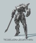  artist_name character_name clenched_hand highres holding holding_sword holding_weapon looking_up mecha monochrome no_humans original solo sword umeno_ryuuji visor weapon 