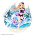  1girl :p beach bikini blonde_hair blue_flower copyright_request feathered_wings fingernails flower full_body green_eyes hair_flower hair_ornament highres holding ice_cream_cone long_hair looking_at_viewer ocean palm_tree purple_bikini purple_nails smile sogawa solo spread_wings standing standing_on_one_leg swimsuit thigh_gap toenail_polish toenails tongue tongue_out tree water watermark white_wings wings wristband 