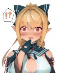  !? 1girl @_@ bangs blonde_hair blue_bow blue_gloves blush bow breasts cleavage_cutout clothing_cutout confused dark_skin elf embarrassed gloves hair_bow hair_intakes half_gloves hand_on_own_chin high_collar high_ponytail highres hololive large_breasts long_hair looking_at_viewer multicolored_hair pointy_ears red_eyes shiranui_flare shiro_(koob173) shoulder_cutout sidelocks solo streaked_hair surprised virtual_youtuber wavy_mouth 