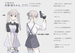  1girl arm_up bag bandaged_arm bandages bandaid bandaid_on_face black_gloves black_shirt blush brown_hair character_sheet closed_mouth collared_shirt commentary_request double_bun dress fingerless_gloves gloves grey_background grey_eyes grey_skirt gun handgun highres holding holding_bag holding_gun holding_weapon long_hair long_sleeves looking_at_viewer multiple_views original pistol pleated_skirt purple_dress shirt short_sleeves sidelocks simple_background skirt sleeveless sleeveless_dress smile standing suspender_skirt suspenders thigh-highs translation_request tsuruse twintails weapon white_legwear white_shirt 