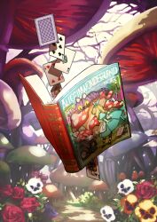  alice_(alice_in_wonderland) alice_in_wonderland book book_focus card cheshire_cat_(alice_in_wonderland) english_text fate/grand_order fate_(series) flower flower_request mushroom no_humans official_art open_book playing_card red_flower red_rose rose third-party_source variant_set wada_arco white_flower white_rabbit_(alice_in_wonderland) yellow_flower 