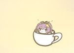  1girl azur_lane chibi crown cup holding in_container in_cup javelin_(azur_lane) koti lunchbox mini_crown purple_hair simple_background solo yellow_background 