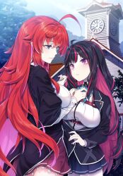  2girls adjusting_neck_ribbon ahoge black_hair black_jacket black_skirt blue_eyes breasts building commentary_request high_school_dxd highres jacket junior_high_school_dxd kuoh_academy_school_uniform large_breasts long_hair looking_at_another mixed-language_commentary miyama-zero miyamoto_zeka multicolored_hair multiple_girls neck_ribbon official_art outdoors pink_hair pleated_skirt red_hair red_skirt rias_gremory ribbon school_uniform second-party_source shirt skirt sunlight tree two-tone_hair violet_eyes white_shirt 