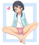  1girl barefoot black_hair blue_eyes blush breasts collarbone crotch eyebrows_visible_through_hair fang full_body glasses heart highres hodaka_natsumi houkago_teibou_nisshi looking_at_viewer open_mouth pink_shorts shiny shiny_hair shiny_skin shirt short_hair shorts simple_background sitting small_breasts smile solo spread_legs white_shirt 