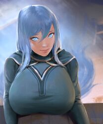  1girl blue_eyes blue_hair breast_rest breasts commentary commission english_commentary gawk_inn goddess hair_ornament huge_breasts light_smile lips long_hair nose original portrait solo table very_long_hair 