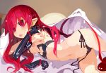  1girl alternate_hairstyle bat_wings bed_sheet bikini bracelet clothing_cutout demon_tail disgaea elbow_gloves etna eyebrows_visible_through_hair flat_chest gloves gloves_removed hair_between_eyes hair_down heart_cutout highres jewelry long_hair looking_at_viewer lying makai_senki_disgaea miyakawa106 navel on_side pointy_ears red_eyes redhead side-tie_bikini sidelocks sweat swimsuit tail tongue tongue_out wings 