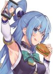  1girl :p aqua_(konosuba) arm_up armpits blue_eyes blue_hair blush breasts cellphone detached_sleeves eyebrows_visible_through_hair food hair_rings hamburger highres holding holding_food holding_phone kono_subarashii_sekai_ni_shukufuku_wo! looking_at_viewer medium_breasts phone simple_background sneakery4 solo tongue tongue_out upper_body white_background 