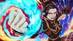  1girl artist_name avatar:_the_last_airbender avatar_(series) azula bangs black_hair blue_fire brown_eyes clenched_hand electricity element_bending fighting_stance fire hair_bun hair_ornament highres magion02 open_mouth parted_bangs patreon_username smile solo 