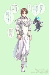  1girl brown_eyes brown_hair changpao chinese_clothes commentary_request creature crowdance full_body green_background grim_(twisted_wonderland) highres long_hair looking_at_viewer robe simple_background solo standing standing_on_one_leg translation_request twisted_wonderland walking white_robe yuu_(twisted_wonderland) 