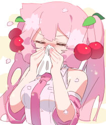 1girl abmayo armpit_crease bare_shoulders blowing_nose blush cherry cherry_blossoms closed_eyes commentary detached_sleeves food fruit hatsune_miku highres leaf napkin necktie nose_blush pink_hair sakura_miku sneezing solo tears twintails vocaloid 