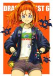  absurdres alternate_costume barbara_(dq6) blue_eyes buttons closed_mouth contemporary dragon_quest dragon_quest_vi drakee earrings ebiten_(ebi10d) hands_in_pockets high_ponytail highres jacket jewelry long_sleeves looking_at_viewer monster orange_hair shirt shorts slime_(dragon_quest) smile t-shirt watch watch 