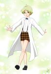  1boy absurdres ahoge bow bowtie eyebrows full_body green_eyes highres knees labcoat light_green_hair looking_at_viewer male_focus open_mouth original plaid plaid_shorts shoes shorts smile socks suspender_shorts suspenders ultrajony white_legwear 