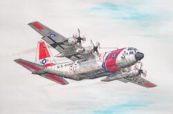  aircraft airplane c-130_hercules clouds cloudy_sky english_text flying from_below highres military military_vehicle no_humans original propeller sky smile_(jdsmyoko) united_states_coast_guard vehicle_focus 