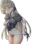  1girl bangs bikini blonde_hair blush breasts earrings eyebrows_visible_through_hair finger_to_mouth frills girls_frontline gloves groin hair_ornament hyury jewelry light_brown_hair long_hair looking_at_viewer medium_breasts panty_tug ppk_(girls_frontline) puffy_short_sleeves puffy_sleeves short_sleeves shushing side-tie_bikini solo swimsuit thigh-highs thighs very_long_hair white_background 