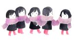  5girls arm_at_side bangs black_dress black_hair blending bob_cut child closed_eyes closed_mouth dot_nose dress from_side hand_up hirasawa_minami long_sleeves looking_at_another looking_to_the_side lowres multiple_girls no_lineart no_shoes original profile purple_scarf red_legwear scarf shared_scarf short_hair simple_background smile standing swept_bangs walking white_background 