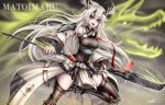  1girl arknights black_legwear breasts eyebrows_visible_through_hair grey_hair highres holding horns large_breasts long_hair looking_at_viewer matoimaru_(arknights) monster_girl open_mouth pointy_ears rayfox20 red_eyes solo thigh-highs very_long_hair weapon 