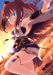  1girl aqua_eyes armpits black_feathers black_wings bracelet clouds dress evening hair_ornament hairclip hat highres jewelry kitahara_tomoe_(kitahara_koubou) kurosawa_ruby looking_at_viewer love_live! love_live!_sunshine!! orange_sky redhead short_hair sky sleeveless sleeveless_dress smile solo sun sunset tengu tokin_hat twitter_username two_side_up wings 