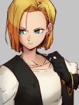  1girl android_18 black_gloves blonde_hair blue_eyes bracelet closed_mouth dragon_ball dragon_ball_z earrings gloves grey_background jewelry kemachiku looking_to_the_side necklace short_hair simple_background smile upper_body 
