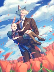  1boy 1girl beastars black_dress black_gloves black_jacket black_socks blue_necktie carrying closed_mouth clouds collared_shirt dress english_commentary flower furry furry_female furry_male gloves haru_(beastars) hierotubas highres jacket legoshi mixed-language_commentary necktie open_mouth pink_flower princess_carry rabbit_girl shirt socks tulip white_shirt wolf_boy 