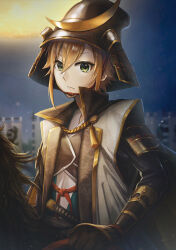  1boy aiguillette alternate_costume armor banner black_armor black_helmet blonde_hair blurry blurry_background bracer chin_strap closed_mouth commentary_request crescent crescent_hat_ornament gold_trim green_eyes grey_haori hair_between_eyes haori hat_ornament helmet horseback_riding japanese_armor japanese_clothes jinbaori kabuto_(helmet) katana kiritani_i light_frown light_particles long_bangs looking_at_viewer male_focus night nijisanji nobori print_haori riding samurai sheath sheathed short_hair shoulder_armor sode sword three_quarter_view upper_body uzuki_kou virtual_youtuber weapon 