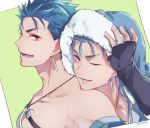  2boys bberry black_gloves blue_hair crescent_necklace cu_chulainn_(fate)_(all) cu_chulainn_(fate/grand_order) earrings fate/grand_order fate_(series) fingerless_gloves gloves green_background hair_strand hood jewelry lancer long_hair looking_at_viewer male_focus multiple_boys necklace one_eye_closed red_eyes shirtless simple_background twitter_username upper_body 