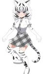  1girl animal_ears black_hair blue_eyes blush boots breasts elbow_gloves eyebrows_visible_through_hair full_body gloves highres kemono_friends large_breasts looking_at_viewer multicolored_hair plaid_neckwear plaid_trim simple_background solo tail tiger_ears tiger_tail tsuchinokonoko two-tone_hair white_background white_gloves white_hair white_tiger_(kemono_friends) white_tiger_print 