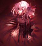  1girl ahoge breasts commentary_request corruption dark_sakura dress fate/stay_night fate_(series) full_body hair_between_eyes highres hiro_(hirohiro_gorira) looking_at_viewer matou_sakura medium_hair open_mouth sitting solo teeth violet_eyes white_hair 